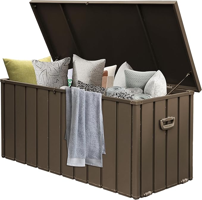 Domi Outdoor Deck Box 100 Gallon, Waterproof Lockable Steel Outdoor Storage Container for Outside Cushions, Garden Tools and Pools Equipment (Dark Brown)