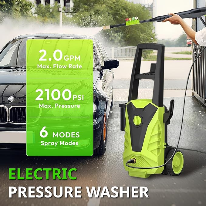 Pressure Washer, 2100PSI Max 2.0GPM Power Washer 16.5FT Power Cord, 23FT Hose&360 Rotation, 4 Nozzles for Driveways Furniture or Cars, Green