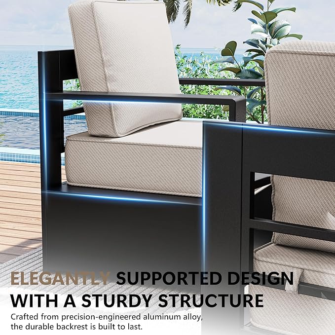 Outdoor Patio Furniture Set, 4-Piece Aluminum Patio Conversation Set All-Weather Metal Outdoor Sectional with 6 Inch Thick Cushions, Deep Setting for Garden, Outside and Porch