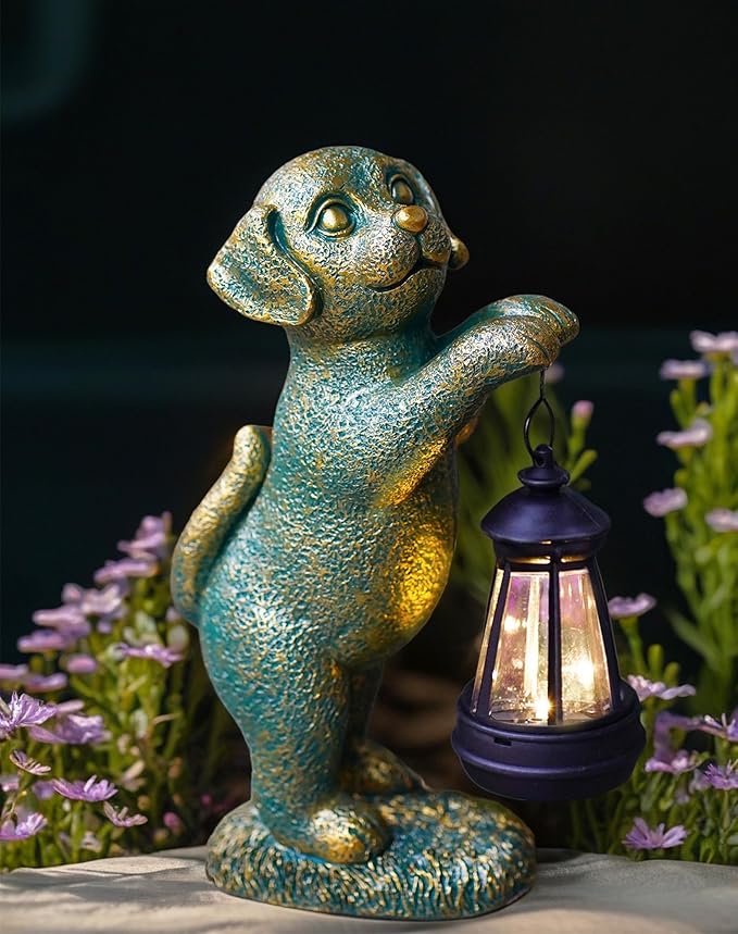 Dog Statue with Solar Lantern - 9.84 Inch Resin Solar Outdoor Lawn Yard Garden Decor - Unique Design Gifts for Women Mom Men (Copper)