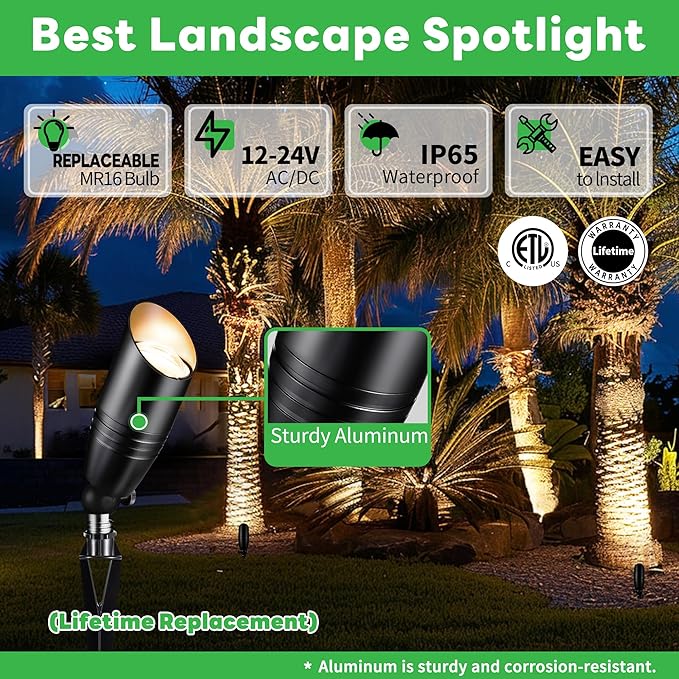 Low Voltage Landscape Spotlights, Black Outdoor LED 12V LED Lights, Waterproof Aluminum Uplighting for Tree House Garden Without MR16 Bulb 4 Pack