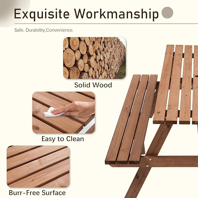 Picnic Table with Bench for 8 Person Outdoor Wooden Rectangle Table for Patio Garden Backyard Large Outside Dining Table Set with Umbrella Hole 6.26FT Brown