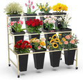 Flower Display Stand 3 Layers with 12 PCS Round Buckets, Plant Stand with Wheels, Movable Metal Plant Stand for Terrace Garden, Living Room, Florist Shop