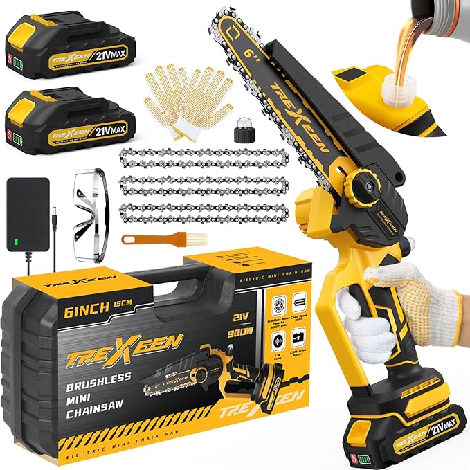 Mini Chainsaw, 6-Inch Electric Chainsaw Cordless, Upgraded 900W Brushless Portable Handheld Small Chain Saw with Auto Chain Regulator & Auto Oiler for Wood Cutting/TreeTrimming/Courtyard Garden