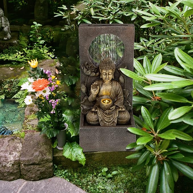 Ferrisland Buddha Waterfall Fountain Indoor & Outdoor, Freestanding Relaxing Water Fountain, Asian Zen Fengshui Patio Garden Backyard Decking Home Decor, Gift Ideas (Gold, 27.6" H)