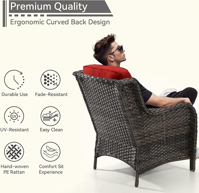 5 Pieces Patio Conversation Set, Wicker Chairs Set of 2 and Two Ottomans with 3.5-inch Seat Cushions, 1 Side Table High Back and Curved Armrest for Backyard, Balcony and Deck, Red