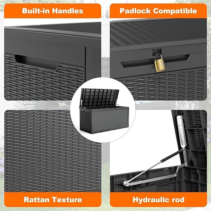 100 Gallon Deck Box,Resin Outdoor Storage Box with Lockable for Patio Furniture, Pool Accessories, Garden Tools Waterproof Outside Storage Box, Black Pattern