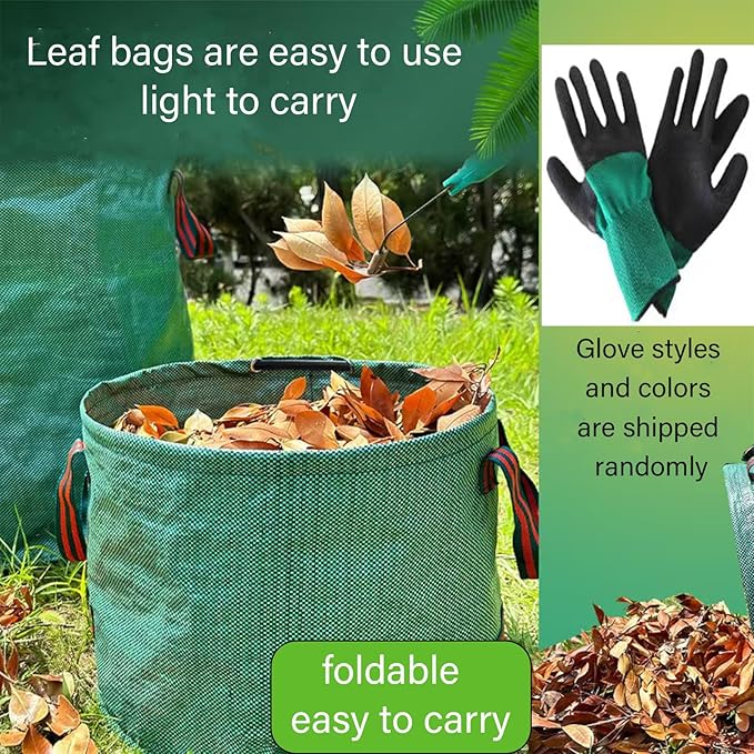Reusable Yard Waste bags,Collapsible Leaf Bag with Gardening Gloves,Yard Debris Collapsible Bag With 4 Handles, for Leaves, Lawn Debris & Grass Clippings (53Gallon)