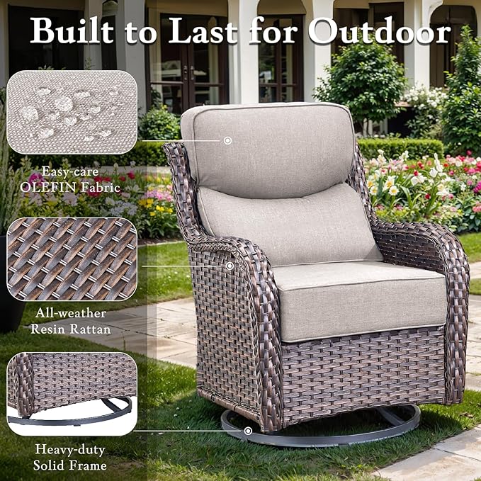 Luxury High Back Outdoor Furniture with 6-inch Extra Thick Cushions, Patio Furniture Set with Fire Pit Table & Swivel Chairs, 9 PCS Wicker Conversation Set for Yard, Deck, Poolside, Brown/Beige