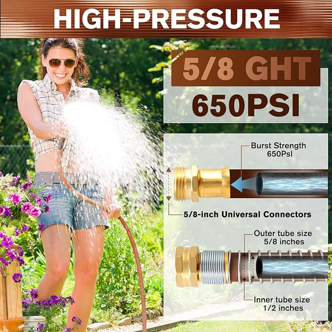 Short Leader Garden Hose 5/8" x 15ft, No Kink Lightweight Water Hose, Hybrid Rubber, Heavy Duty, 650 Burst PSI, Female to Female Fittings
