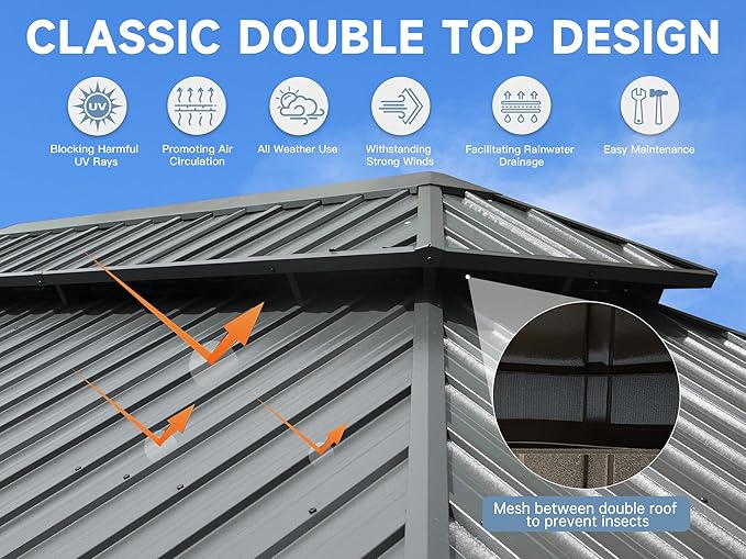 Domi 14' X 20' Hardtop Gazebo Outdoor Metal Gazebo Canopy with Galvanized Steel Double Roof, Aluminum Frame, Curtains and Netting for Patio, Deck, Garden, Grey