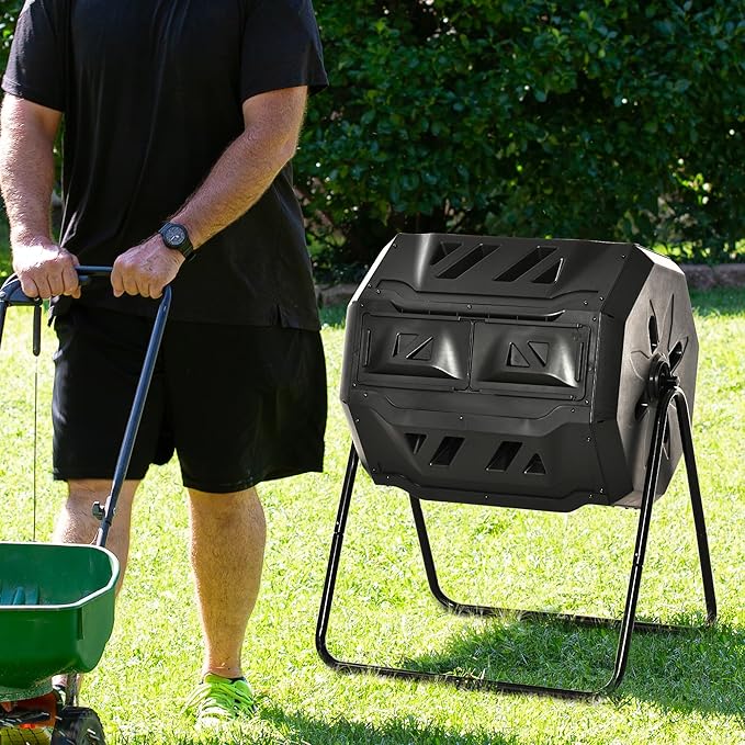 Compost Bin Outdoor, 43 Gallon Dual Chamber Tumbling Composting with Sliding Doors, Large Compost Tumbler, Compost Bin for Garden, Kitchen, and Yard Waste, Black
