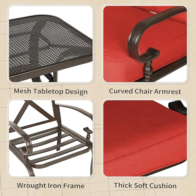 4-Piece Outdoor Metal Furniture Sets Patio Conversation Set Wrought Iron Loveseat, 2 Single Chairs, Coffee Table with Cushion, Lawn Front Porch Garden, Red