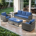 Wicker Outdoor Patio Furniture Set - 6 Piece Patio Conversation Set with 2 Swivel Rocker Chairs,2 Rattan Ottoman,1 Couch and 1 Metal Side Table for Outside Porch Deck Backyard(Mixed Grey/Blue)