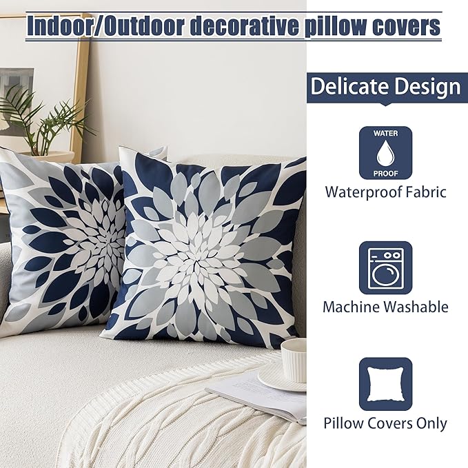 Qahing Pack of 4 Outdoor Waterproof Pillow Covers 18x18 Decorative Outdoor Throw Pillows Garden Square Cushion Cases for Patio Furniture, Couch, Tent Sunbrella, Bench, Navy Blue Grey