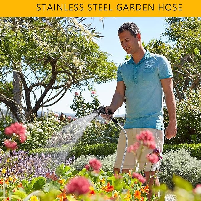 75ft Metal Garden Hose Stainless Steel Heavy Duty Water Hose With 2 Nozzles, No Tangle and Kink, Lightweight & Flexible, Tough and Pet Proof, Metal Garden Hose for Yard, RV, Garden, Outdoor