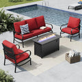 MFSTUDIO 4 Piece Patio Conversation Sets, All Weather Metal Frame Outdoor Furniture Set Patio Sofas with 1 x 45 Rectangular Fire Pit Table, 1 x 3-Seat Sofa, 2 x Sofa Chairs, Burgundy Red Cushion