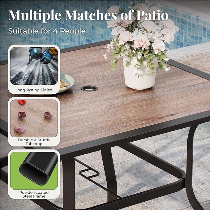 5 Pieces Patio Table and Chairs Set, 4 Person Outdoor Dining Furniture Set, 4 Brown Textilene Chairs and 37" Wood-Like Table Top Table with Umbrella Hole, for Deck Backyard Lawn