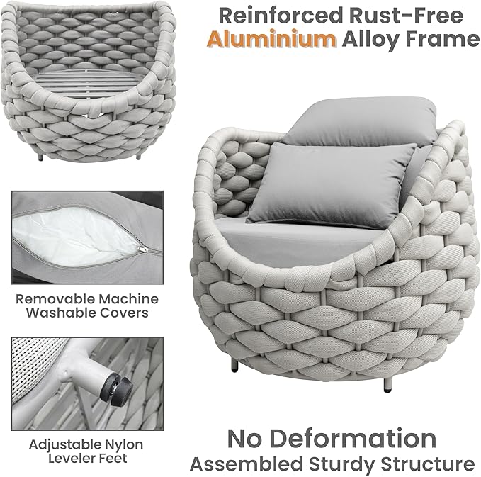 Patio Accent Chairs: Aluminum Porch Lounge Chair with Arms - Woven Rope Cushioned Armchair - Modern One Seater Chair - Outdoor Deck Furniture for 400lbs Balcony Lanai Poolside Garden Hotel, Gray