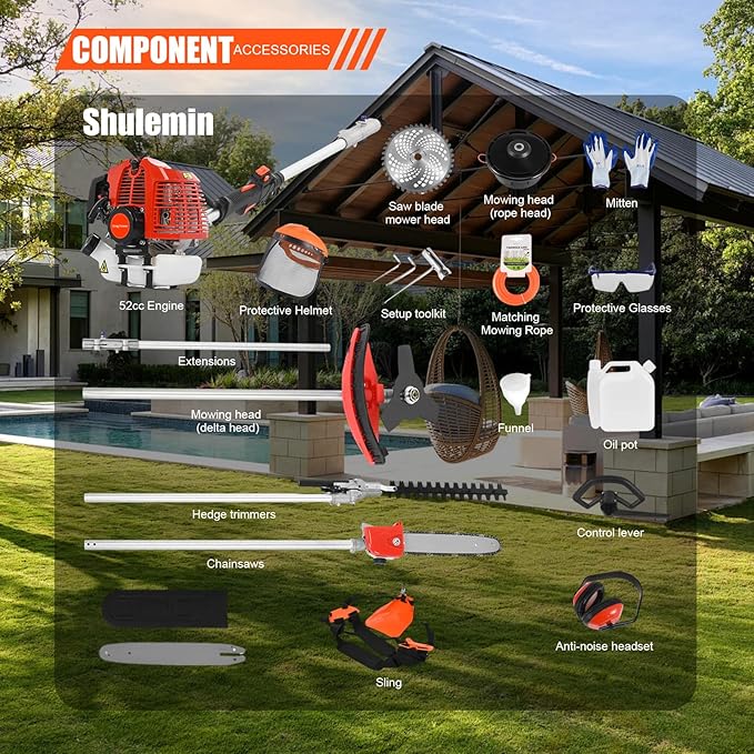 Petrol Hedge Trimmer Chainsaw Brush Cutter, Gas Weed Wacker 52cc 2-Stroke Multi Tools Gas Lawn Mower Guard Accessories Hedge Trimmer Grass Trimmer Lawn Edger for Home Yard Garden 5 in 1 Red