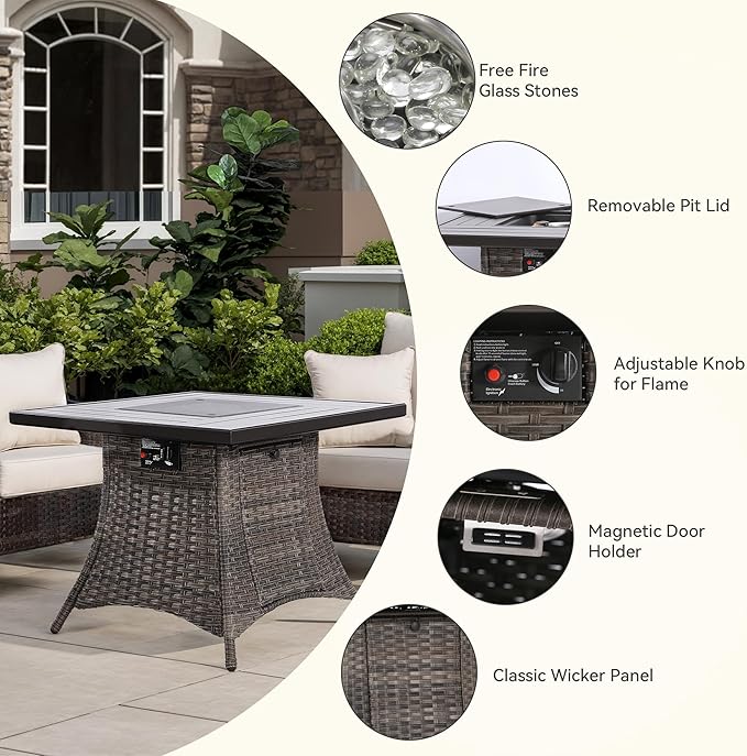 5-Piece Patio Furniture Set Includes 4 Swivel Rocker Chair and 1 Fire Pit, Wicker Conversation Set with Cushion Blue