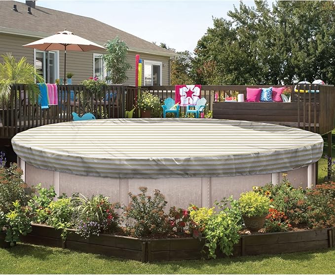 ECOOPTS 14 ft Round Pool Cover for Above Ground Pools, Swimming Pool Cover Protector Winter Safety Cover (Beige White Stripes)