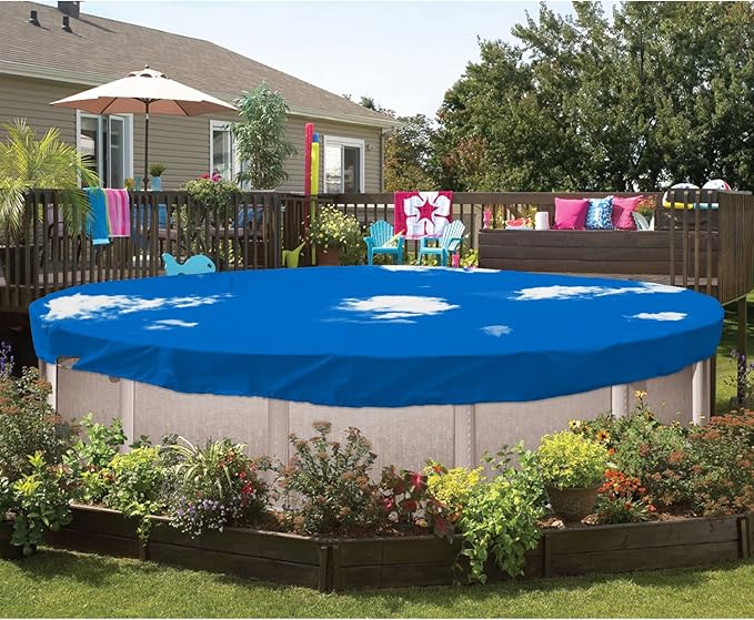 ECOOPTS 14 ft Waterproof Round Polyester Pool Cover for Above Ground Pools, Swimming Pool Cover Protector Winter Safety Cover (Blue Sky)