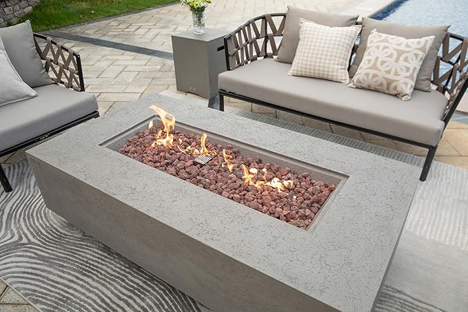 AMS Creations | Madison 60" Rectangular Natural Gas Outdoor Fire Pit Table | Light Gray Concrete GFRC | Limestone Texture or Surface | Electronic Ignition | Outside Backyard Fireplace