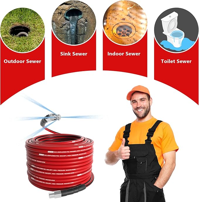 NaiNai 50FT Sewer Jetter Kit for Pressure Washer,1/4 Inch NPT Sewer Jetting Hose,Pressure Washer Drain Cleaner Hose 5800PSI with Sewer Jetter Nozzles, Gloves, Waterproof Tape, Apron (50FT)