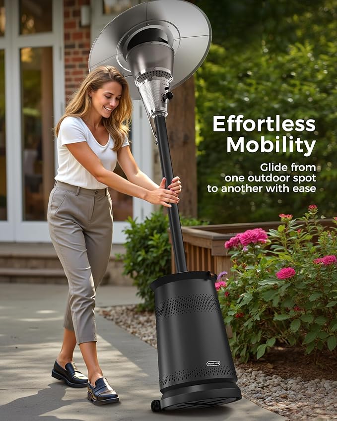 50,000 BTU Patio Heater for Outdoor Use With Adjustable Heat Focusing Top, Portable Propane Patio Heater with Wheels, Stainless Steel Burner for Porch Deck Garden (Black)