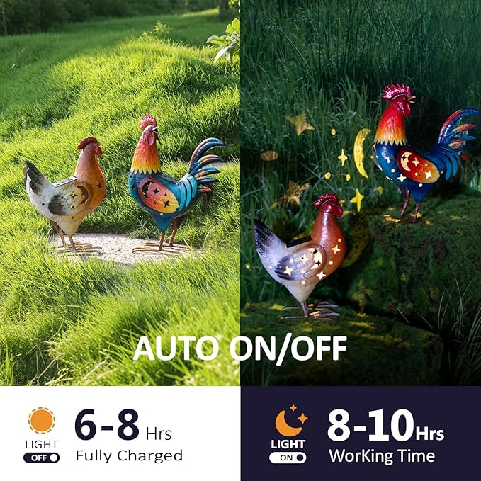 Natelf Solar Rooster Hen Yard Decorations Outdoor Metal Yard Decor Animal Chickens Yard Art for Garden Decor, Lawn Ornament for Porch Backyard Patio Coop Kitchen, Housewarming Gift, Set of 2