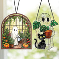 2 Cute Halloween Suncatcher Decorations, Spooky Cute Ghost Plant Window Hangings, Ghost with Black Cat Greenhouse, Pumpkin Ornaments Home Garden, Gifts for Plant Lovers, Women