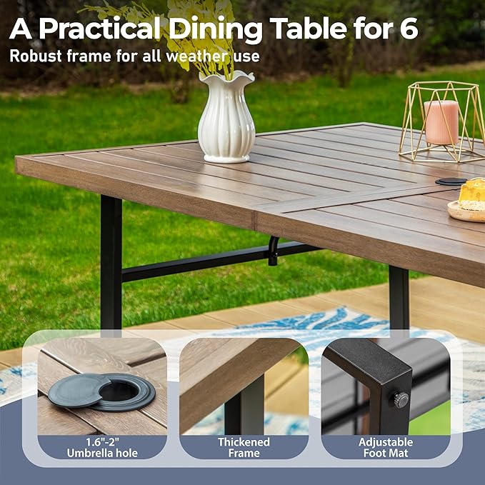 7 Piece Patio Dining Set for 6, 64” Rectangular Wood-Like Metal Table with Umbrella Hole and 6 Chairs, Outdoor Table and Chairs Set for Lawn Backyard and Deck, Brown
