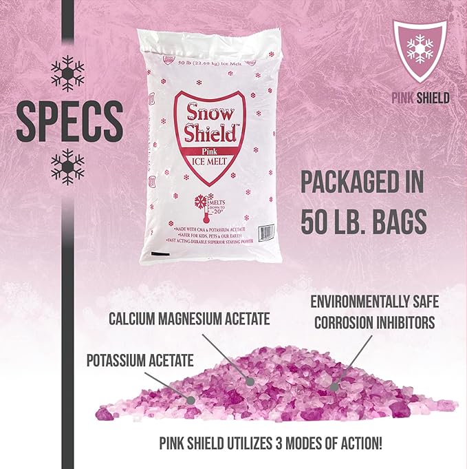 Pink Snow Shield Ice Melt (50 LBS) - A Pet Safe Ice Melt That is Effective Below Zero Degrees and is Safe for Our Children, Our Pets and Our Earth (4 Pack)