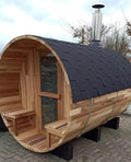 Customize Wood Burning Sauna 4-8 Person, Outdoor Canadian Red Cedar Barrel Sauna with Porch, Glass Window Option, Scenic Porch, Wood Stove, Luxurious Texture