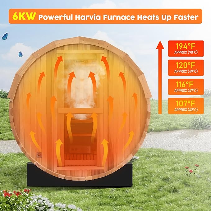 Outdoor Sauna, 6 Person Wood Steam Barrel Sauna Room with 6kw Toule Electric Heater with Stone, Canadian Helmock Wood, Accessories and Asphalt Shingle Roof (Helmock)