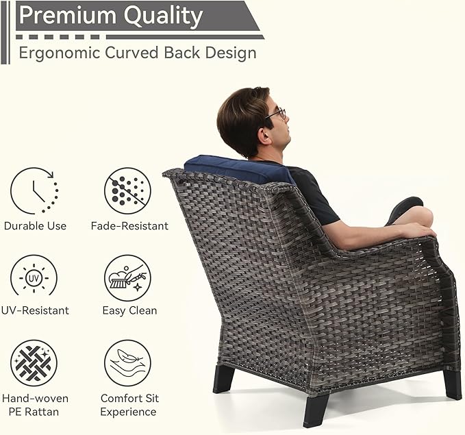 Patio Chairs Set of 2 Rattan Chair Patio Furniture Set with Thick Cushions and All-Weather PE Wicker for Garden, Patio and Porch, Navy