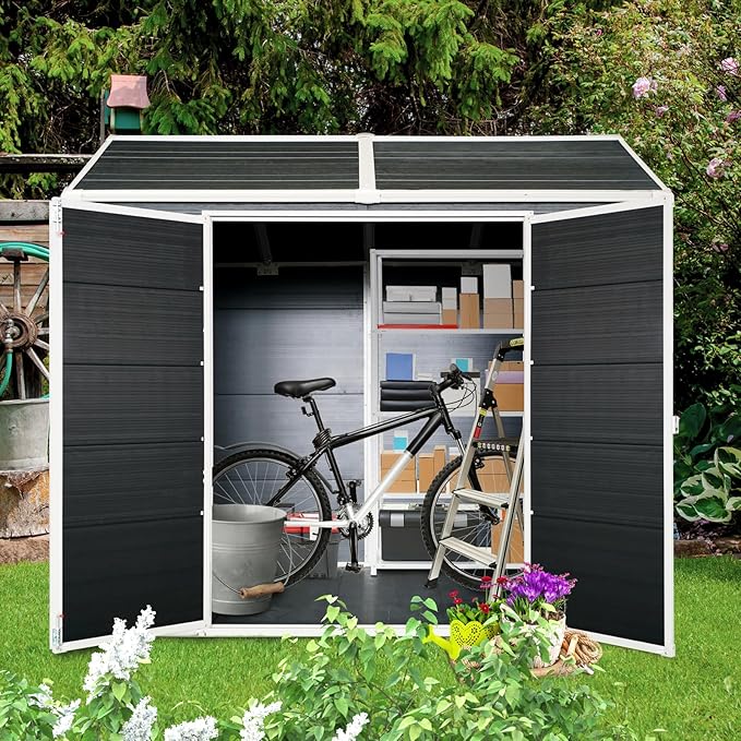LANTRO JS Storage Shed with Floor Included, 4x8ft Outdoor Plastic Shed with 2 Windows and Lockable Door for Garden Tools, Bike