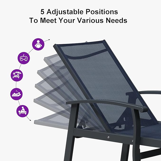 PURPLE LEAF Chaise Lounge Chair Outdoor 2 Pieces Pool Lounge Chairs 5 Adjustable Position with Armrests and Side Table Aluminum Patio Lounge Chair for Outside Backyard Beach Pool, Deep Blue
