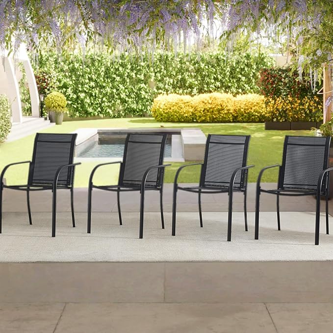Patio Chairs Set of 6, Outdoor Dining Chairs with Breathable Textilene Fabric, Stackable Patio Chairs for Lawn, Garden, Backyard, Poolside, Black