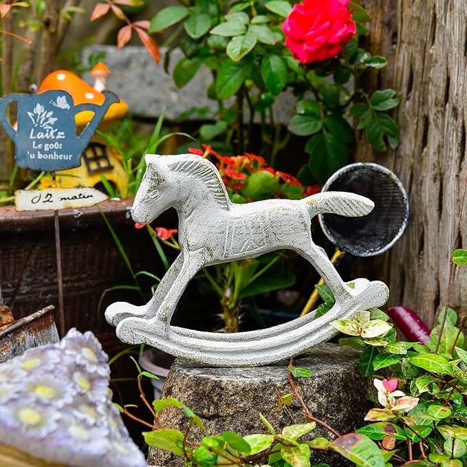 Sungmor Cast Iron Rocking Horse Statue, Home Office Desk Ornament, Vintage Collectible Figurine Decorative Paperweight, Rustic White Small Horse Nostalgia Christmas Decor