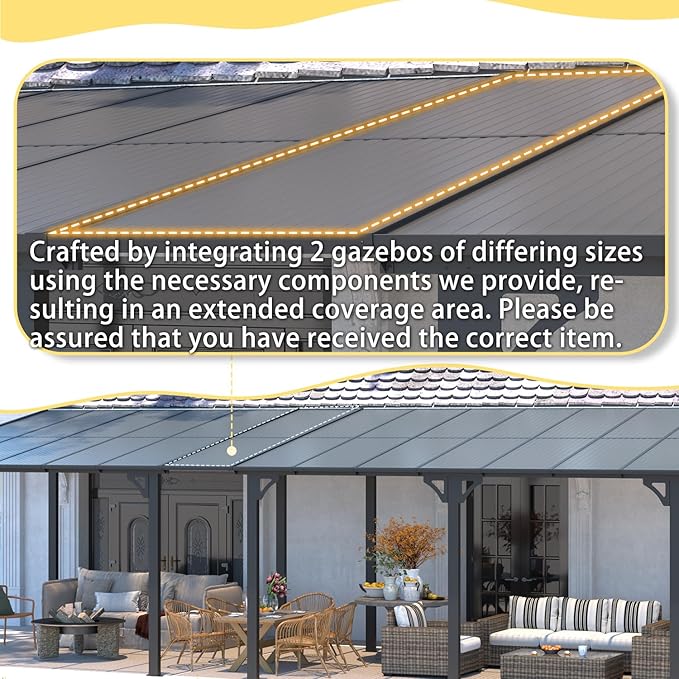 AECOJOY 26' x 10' Gazebo for Patio, Large Wall-Mounted Hard Top Lean-to Gazebo Pergola with Roof 10' x 26' on Clearance, Heavy Duty Patio Awnings for Decks, Backyard