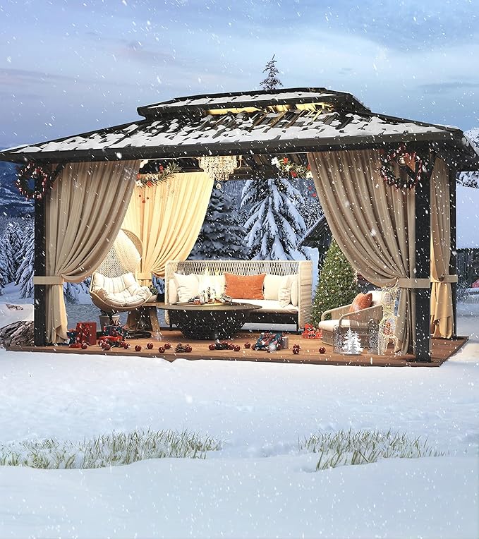 HOTEEL 10x12 Hardtop Gazebo Hot Tub Gazebo with Flame-Retardant Curtain Netting, Heavy Duty Pavilion with Galvanized Steel Double Roof, Aluminum Frame Outdoor Canopy for Patio, Party (2025 Upgraded)