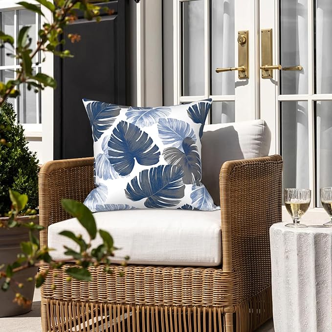 LVTXIII Outdoor Throw Pillows, Decorative Throw Pillows with Inserts, 16"x16" Square Pillows for Bed, Couch, Sofa and Patio Furniture, Set of 2, Monstera Blue