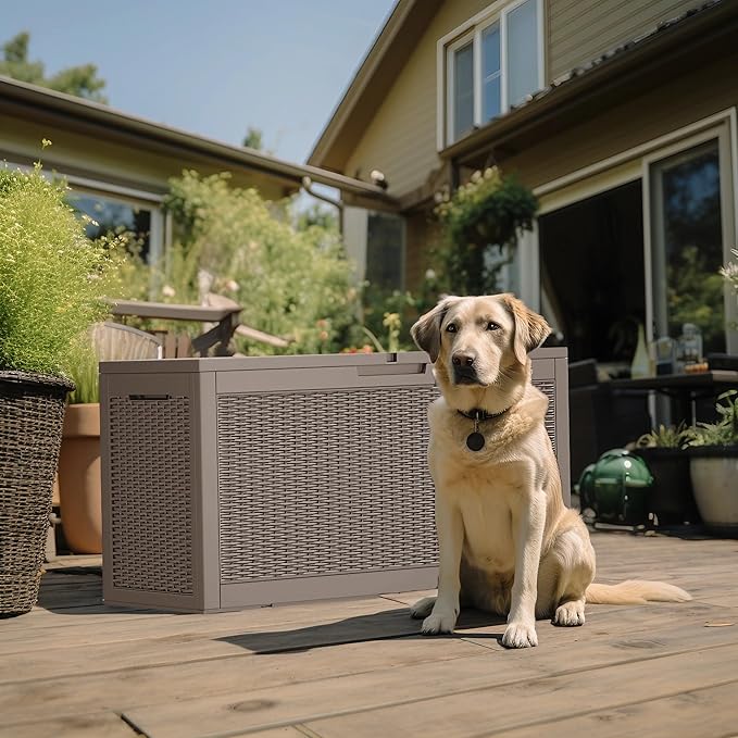 100 Gallon Resin Deck Box, Lockable Patio Outdoor Storage Box for Furniture, Garden Tools and Tools Storage, Waterproof Outside Storage Box - Grey