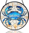 kdqua Coastal Beach Crab Welcome Suncatcher Stained Glass Window Hanging, Ocean Marine Crab Sun Catchers Indoor Window Glass Round Wall Decor, Beachy Wall Art Hanging Decorations Statues, 7.9x7.9in