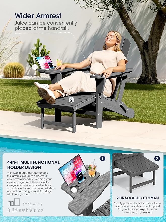 KINGYES Adjustable Folding Adirondack Chair with Footrest & 4-in-1 Multi-Functional Armrest Organizer, HDPE Foldable Reclining Adirondack Chair with Pull-Out Ottoman, Gray