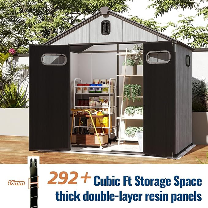 Domi 8×6ft Outdoor Resin Storage Shed - 292+ Cubic Ft Weatherproof Double-Wall Yard Shed with Skylight, Lockable Door and Carpet, Heavy-Duty Steel Frame Storage Building for Lawn Mower, Bike, Tools