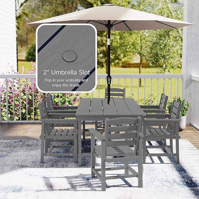 7 Piece Patio Dining Set with 11ft Patio Umbrella (Dark Green), 7 Gray Outdoor HDPE Dining Set with 6 Chairs + 1 Large Table, for Market, Pool, Garden, Backyard, Deck