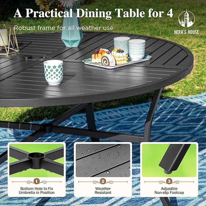 HERA'S HOUSE Round Patio Table and Chairs, Metal Outdoor Dining Sets for 4, 42" Black Table with 4 Cushioned Armrest Chairs for Garden Lawn Backyard